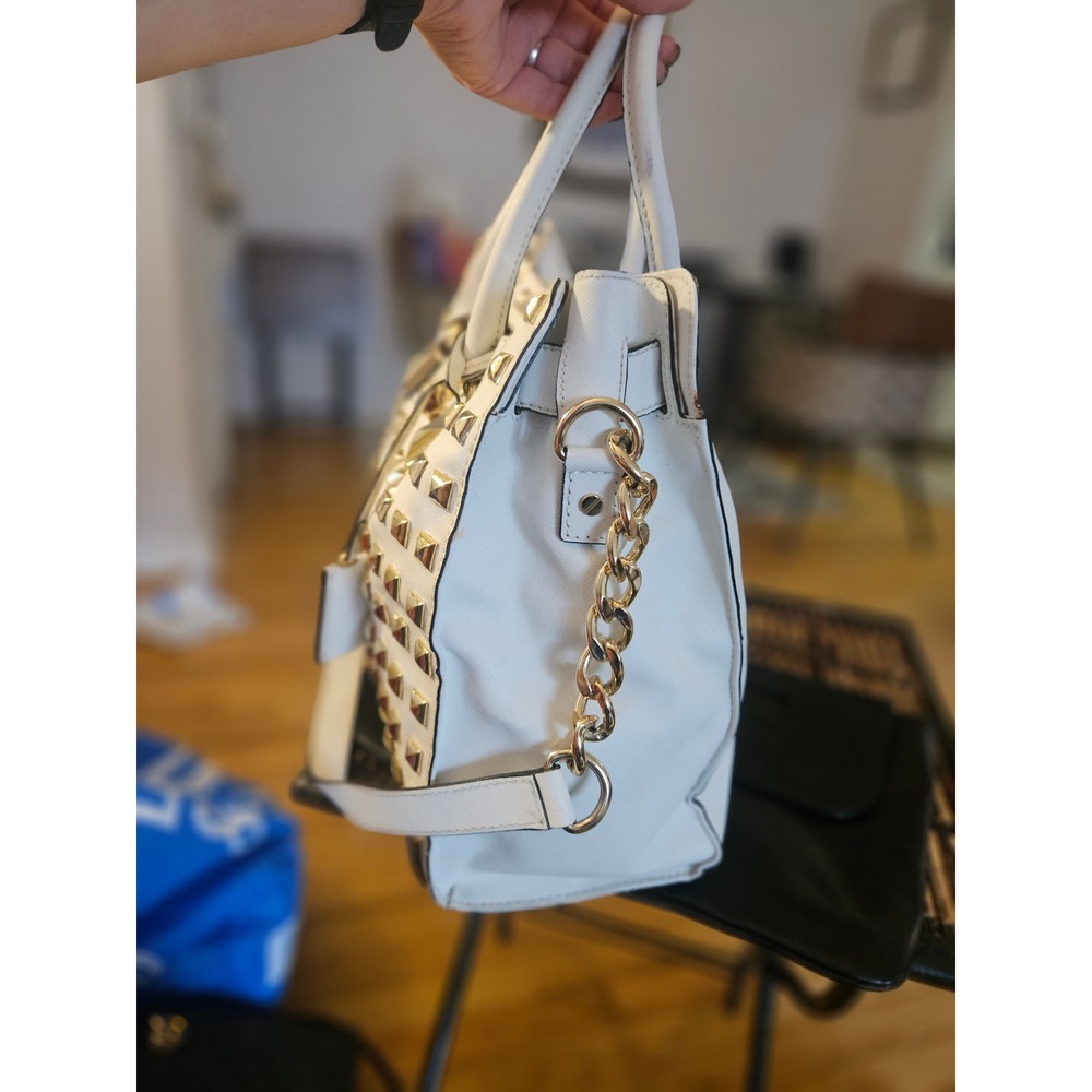 Michael Kors Hamilton Satchel White Saffiano Leather Gold Studded MK Padlock Bag - Picture 6 of 14
